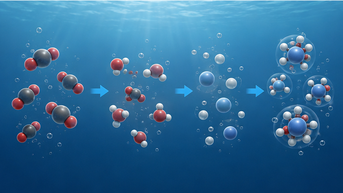 Diagram showing the chemical reaction in which CO2 dissolves into seawater, increasing hydrogen ions and shifting seawater toward the acidic side