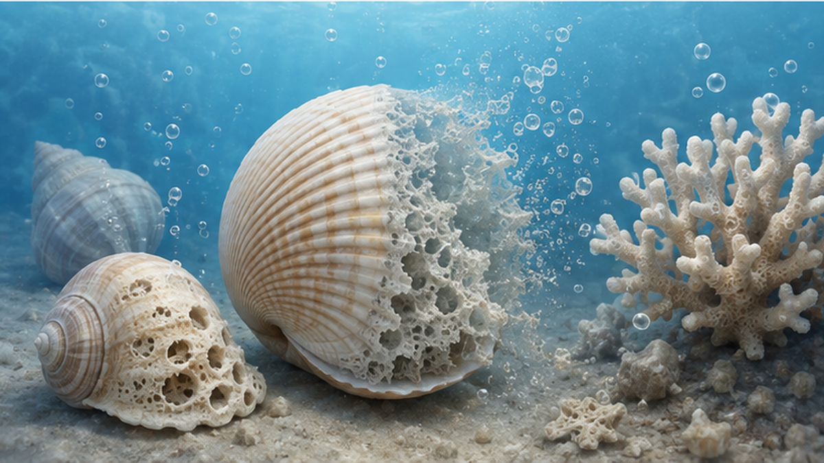 Image representing shellfish and coral shells being affected in acidified seawater