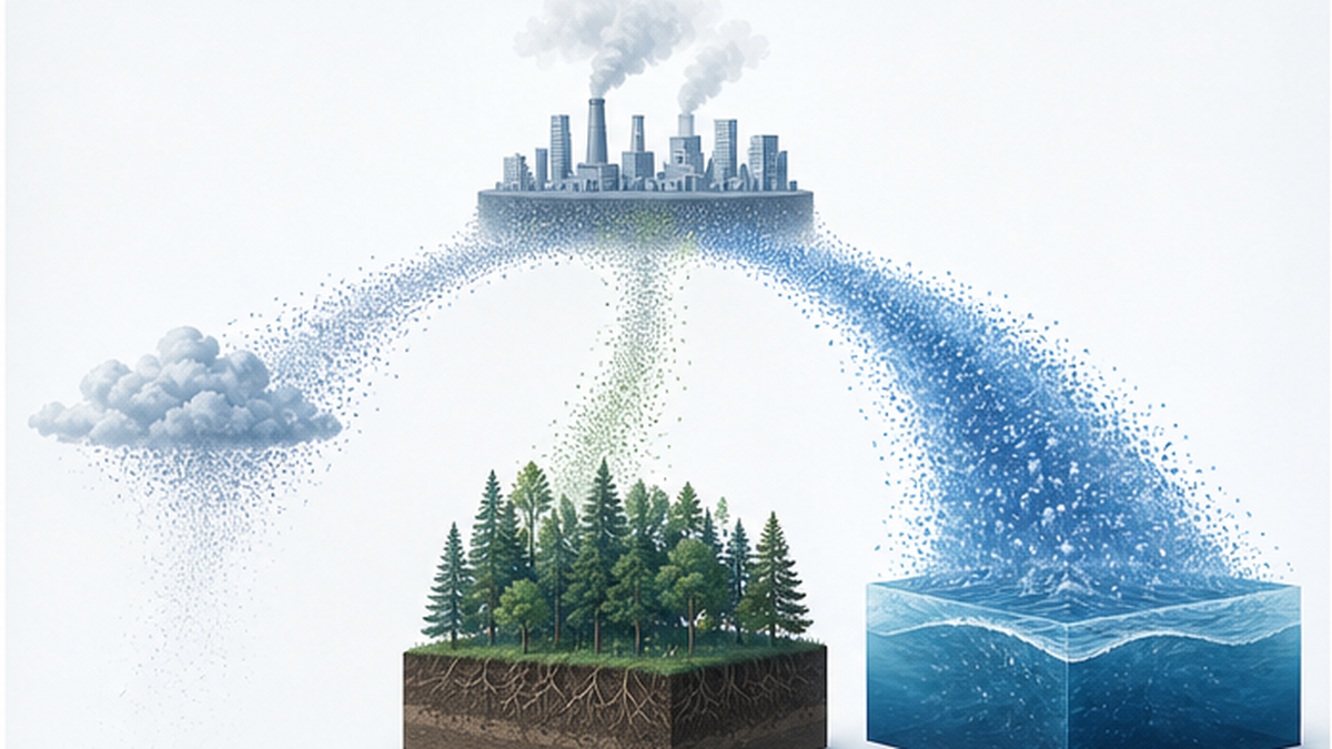 Diagram showing how emitted CO2 is divided between the atmosphere, land and ocean