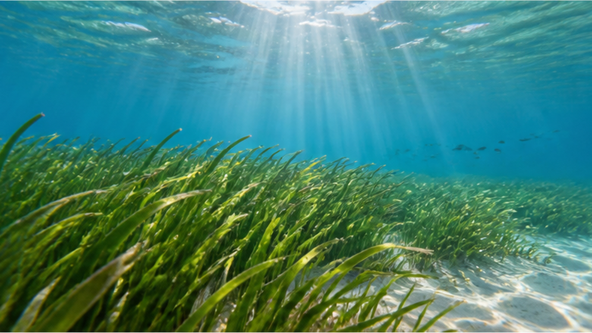 A seagrass meadow in shallow water with sunlight streaming through