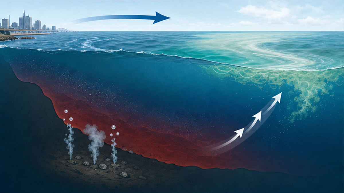 東京湾で貧酸素水塊が湧昇して青潮が発生する仕組みの断面図