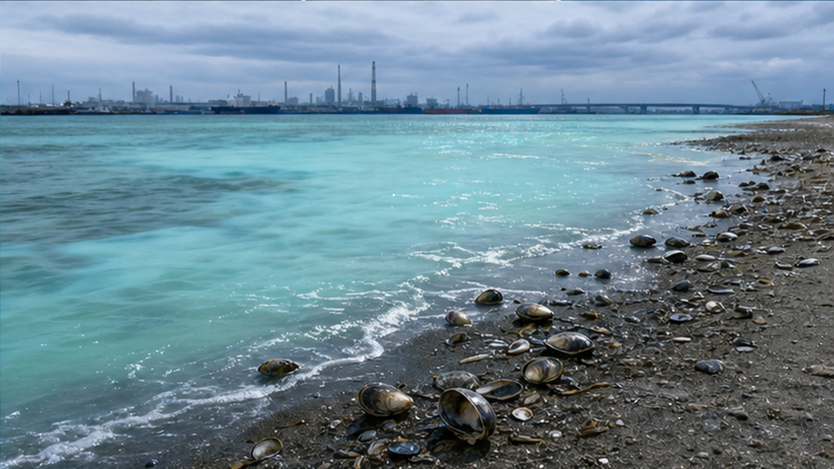 潮干狩りの浜辺で青緑色に濁った青潮と打ち上げられた貝を捉えた海辺の風景