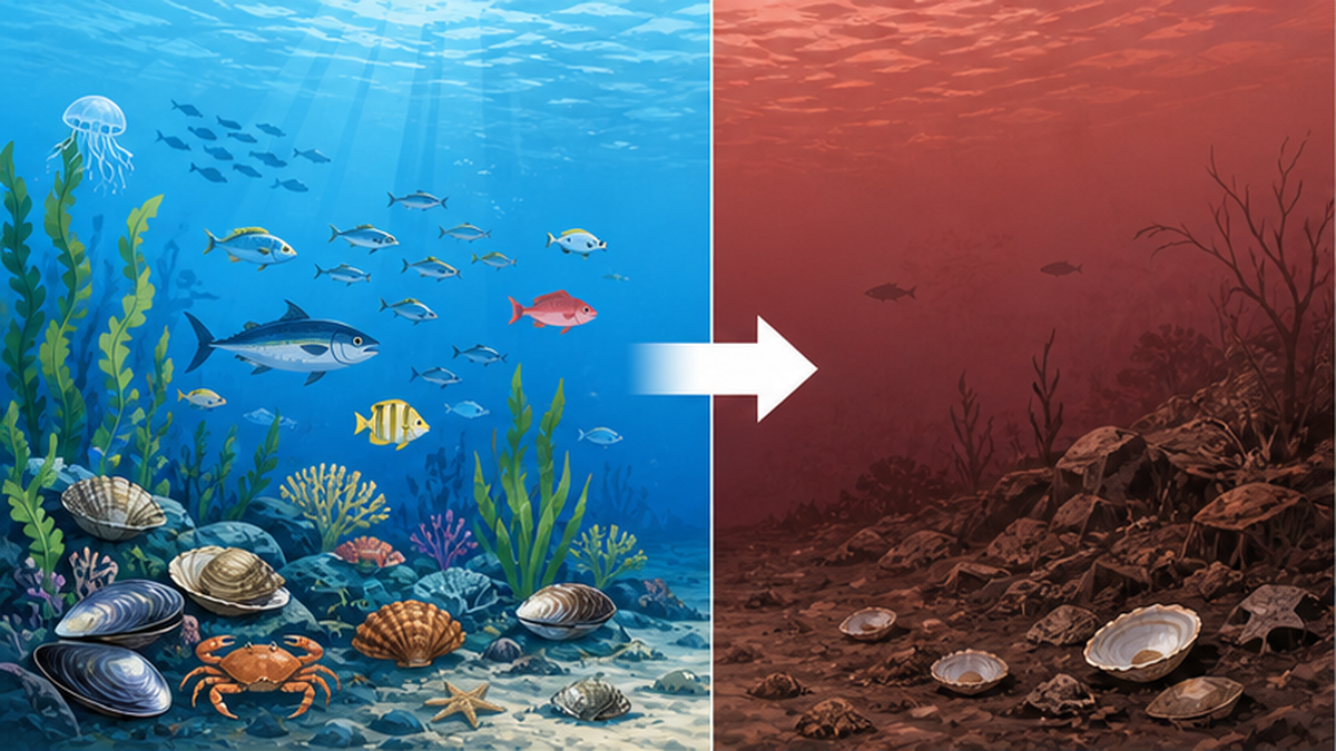 貧酸素で海底の生きものが減り生態系が単純化する様子の対比図