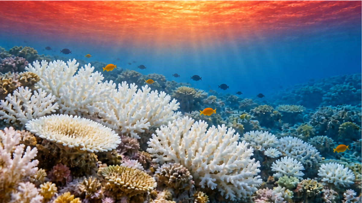 海面水温が上昇し海洋熱波とサンゴの白化が起きる様子