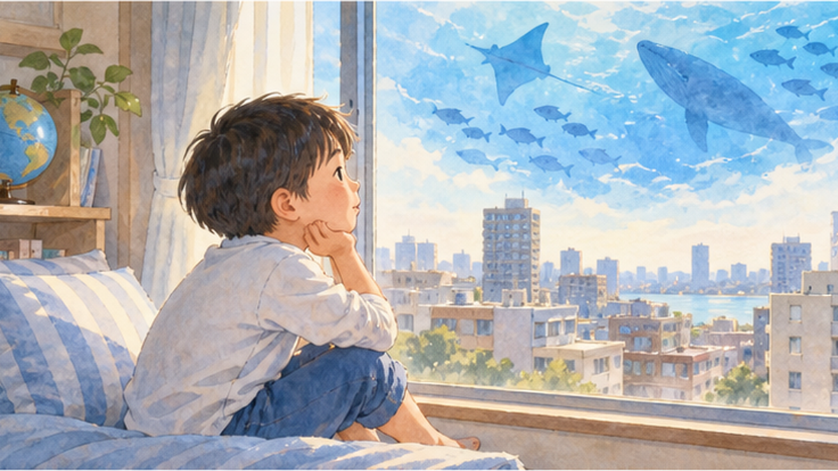 都市部の子どもが窓の外に海を思い浮かべているイラスト