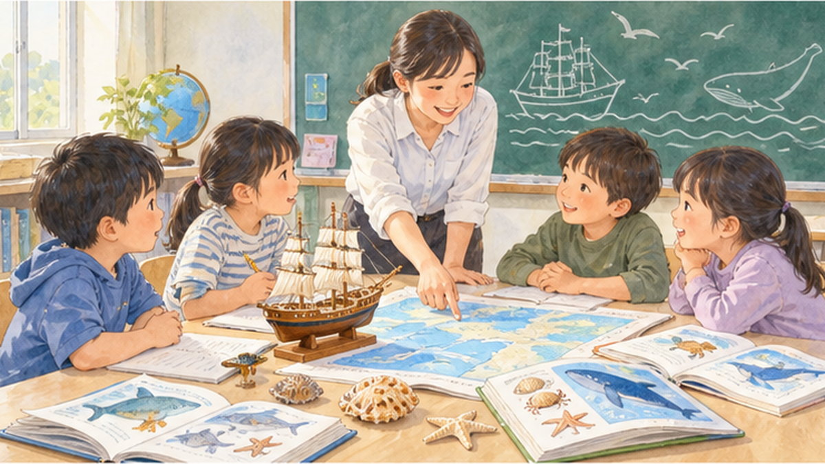 教室で海洋教育の教材を使って学ぶ小学生たちのイラスト