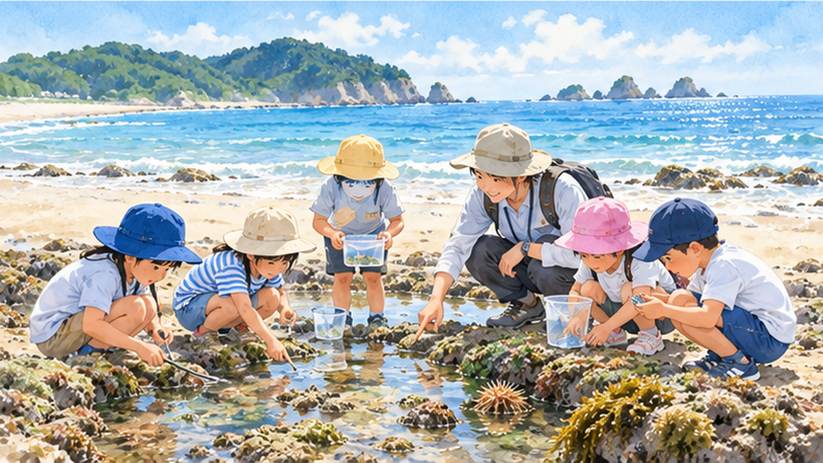 子どもたちが浜辺で海の生きものを観察している様子