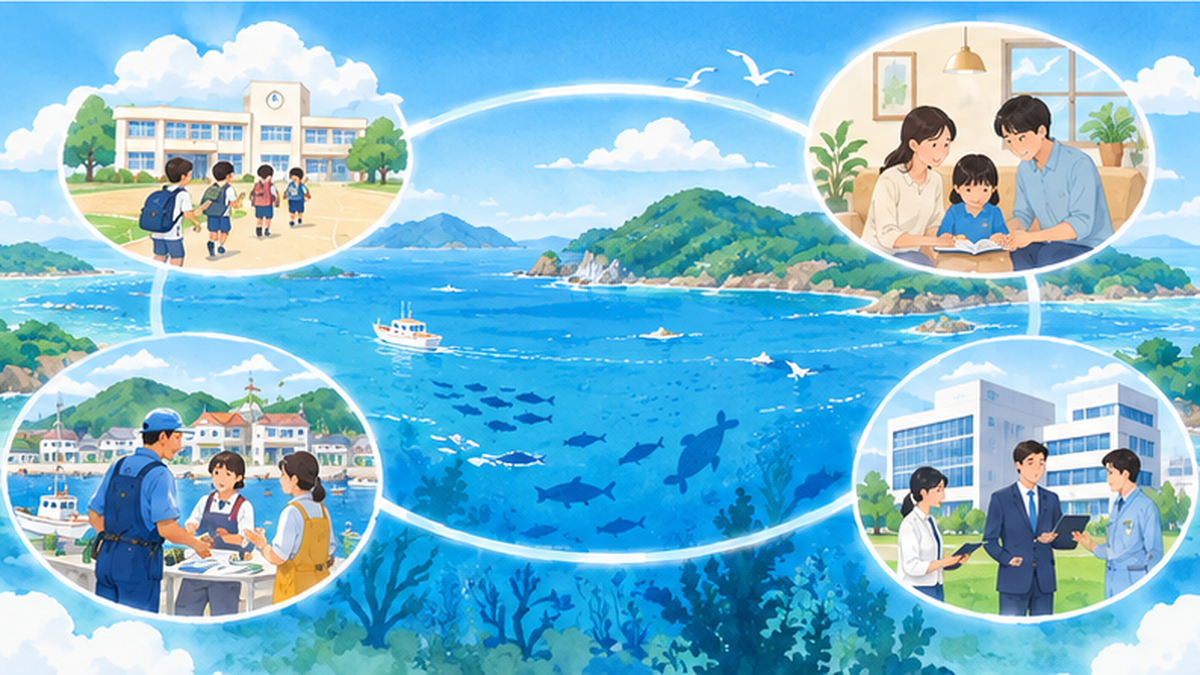 学校・家庭・地域が海でつながるイメージ
