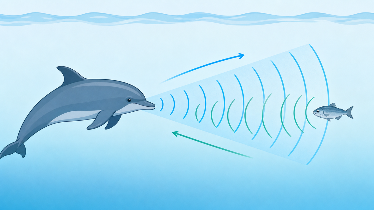 イルカがクリック音を発射し、反射音で魚の位置を捉えるエコーロケーションの仕組みを示したフラット図解