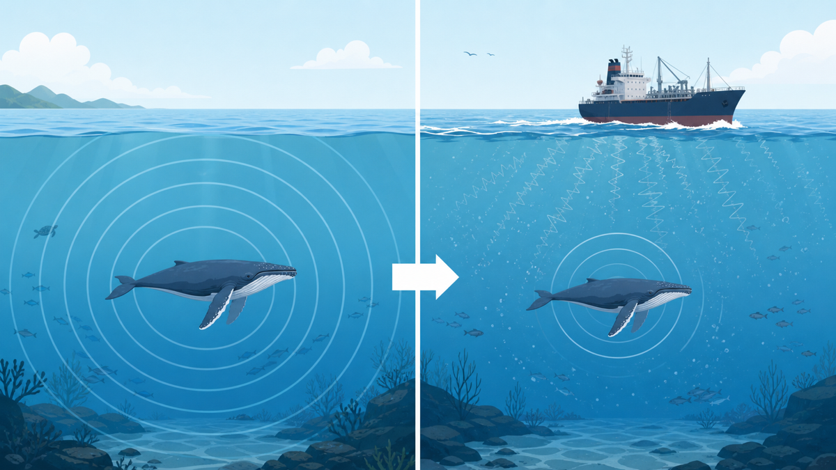 静かな海ではクジラの声が遠くまで届き、騒がしい海では届く範囲が大きく縮む様子を左右で比較したフラット図解