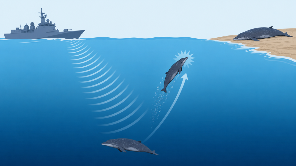 深海を潜るアカボウクジラが軍事ソナーの音のビームに驚き、急浮上して座礁に至る過程を示したフラット図解