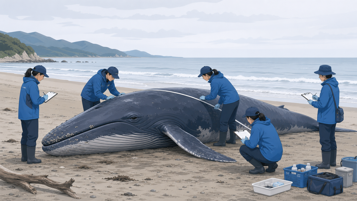 日本の海岸に打ち上げられたクジラを調査する研究者たちの様子を描いたフラットイラスト