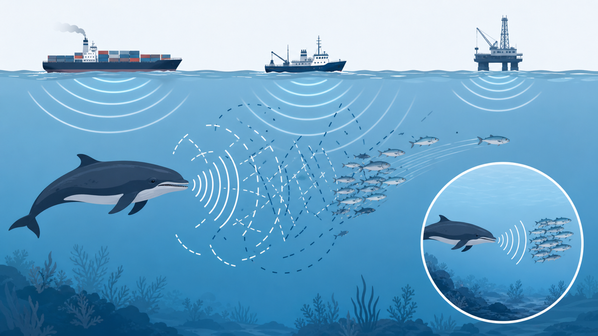 騒音のある海でエコーロケーションが乱れ、獲物を見つけにくくなったクジラの様子を示したフラット図解