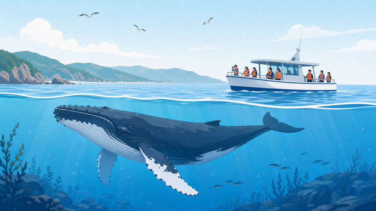 日本近海を回遊するザトウクジラとホエールウォッチング船が適切な距離を保つ様子を描いたフラットイラスト