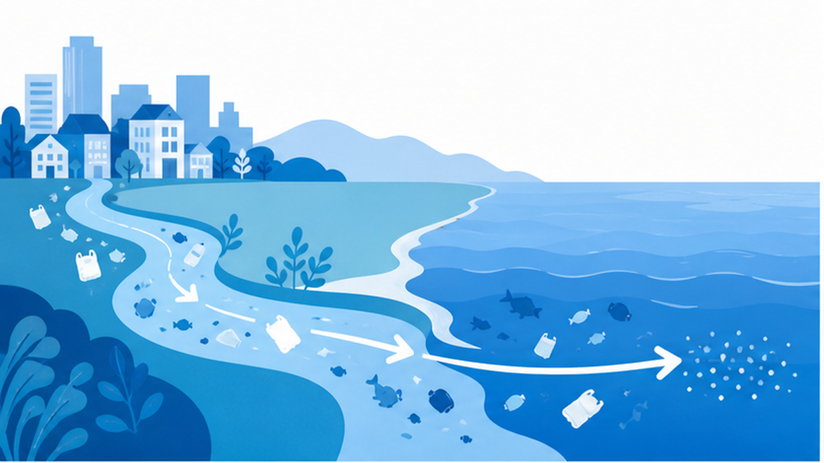 海に流出するプラスチックごみの経路を示したフラット図解