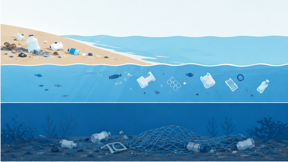 漂着・漂流・海底という海洋ごみの三つの分布を示す断面図イラスト