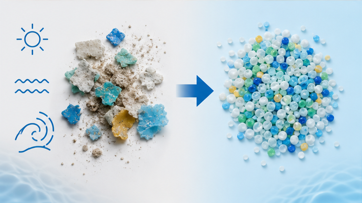海水や紫外線で劣化した海洋プラスチックと、洗浄後の再生ペレットを対比した図解