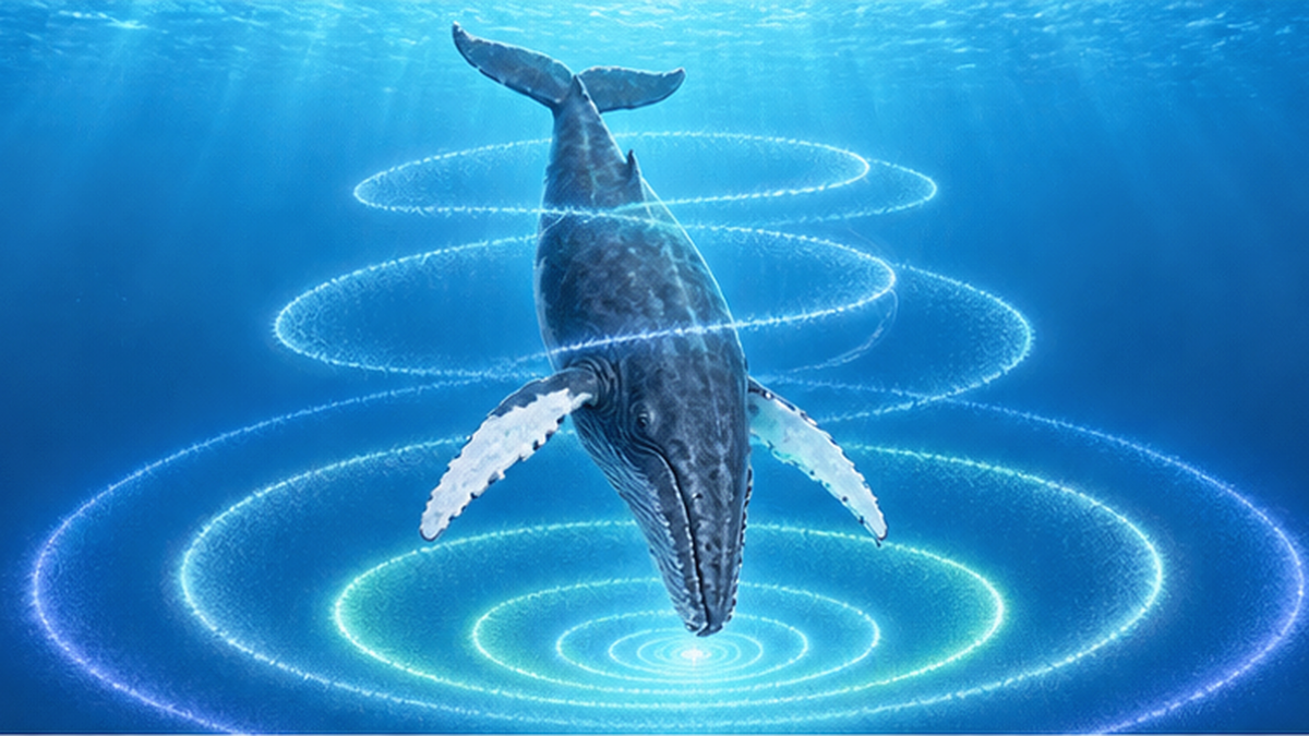 ザトウクジラが水中で歌う様子と音の階層構造を表した海中のイメージ図