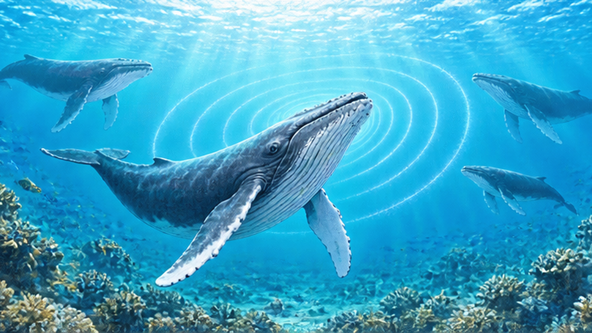 繁殖海域で歌うオスと、それを聞くメスや周囲のクジラのイメージ