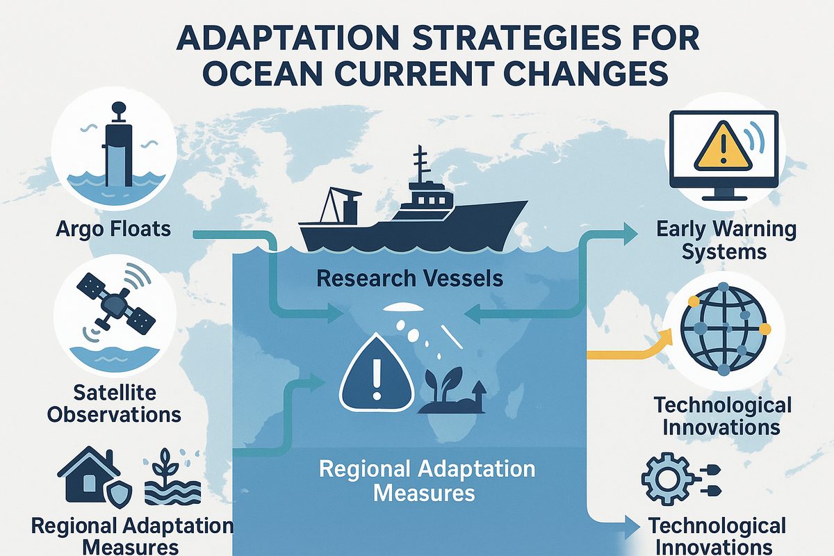 Wide infographic illustrating adaptation measures and international cooperation frameworks for changing ocean currents