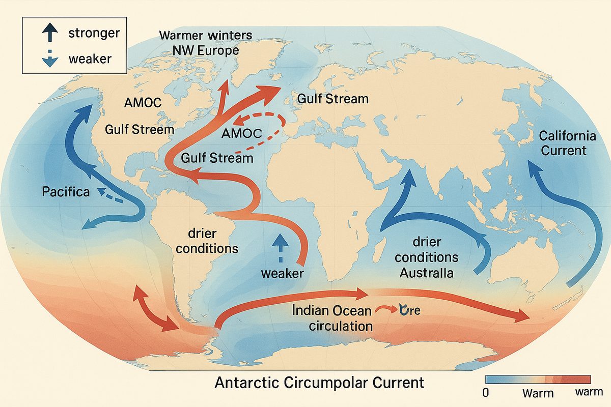 Wide oceanographic diagram illustrating changes in the world's major ocean current systems and their effects