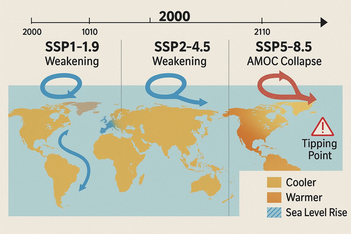 Wide projection chart showing scenarios for ocean current system change through 2100