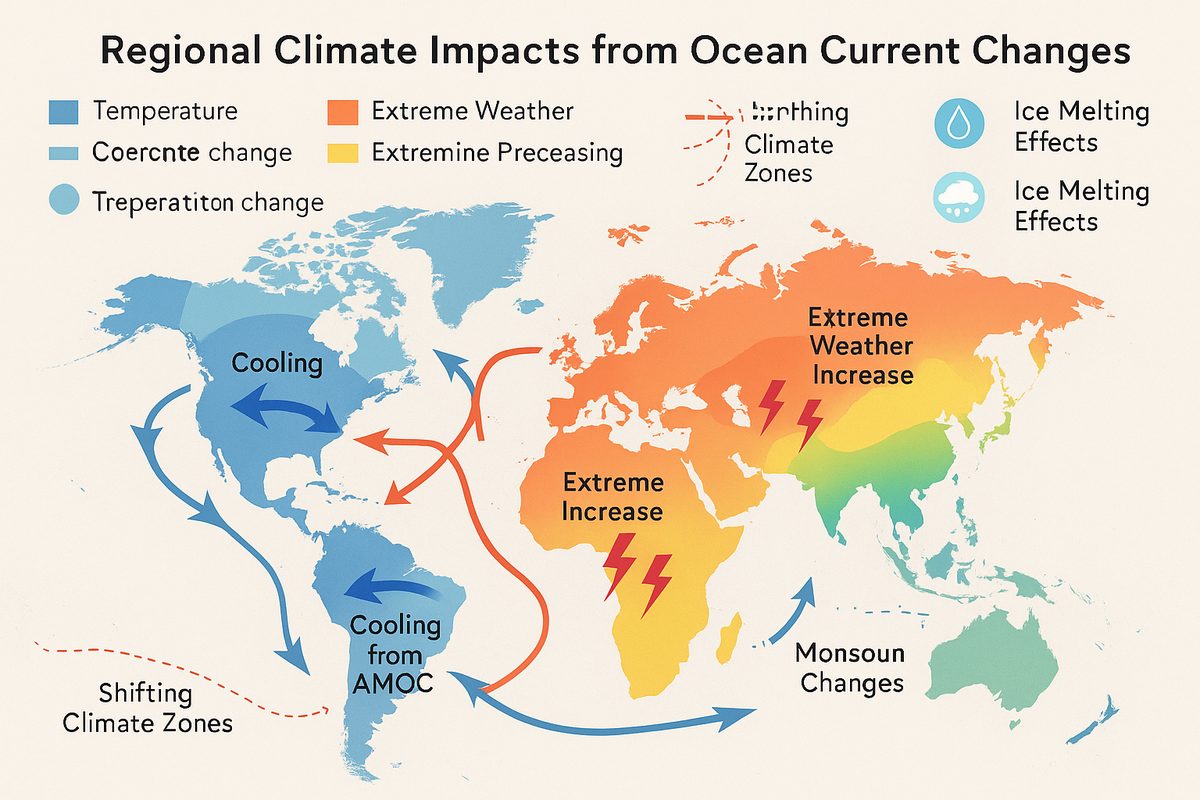 Wide world map illustrating regional climate impacts from changing ocean currents