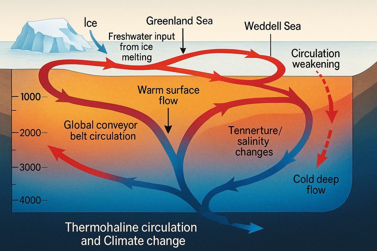 Wide scientific diagram illustrating the mechanism of thermohaline circulation and its impacts from climate change