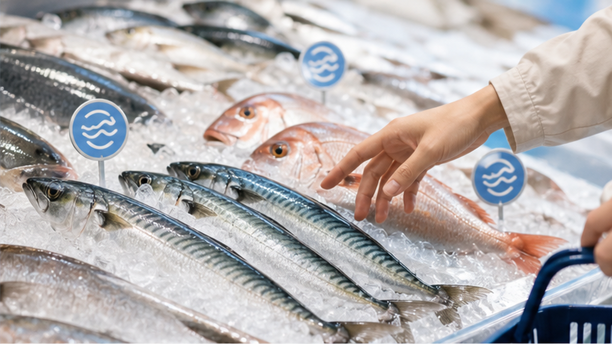 認証ラベルの付いた魚を選ぶ消費者を表す写真的なイメージ