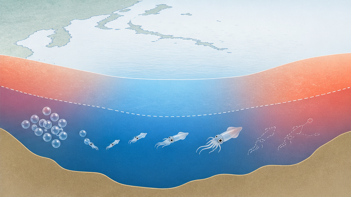 スルメイカの産卵場の水温上昇が幼生の生存を脅かす様子を示すフラットな図解