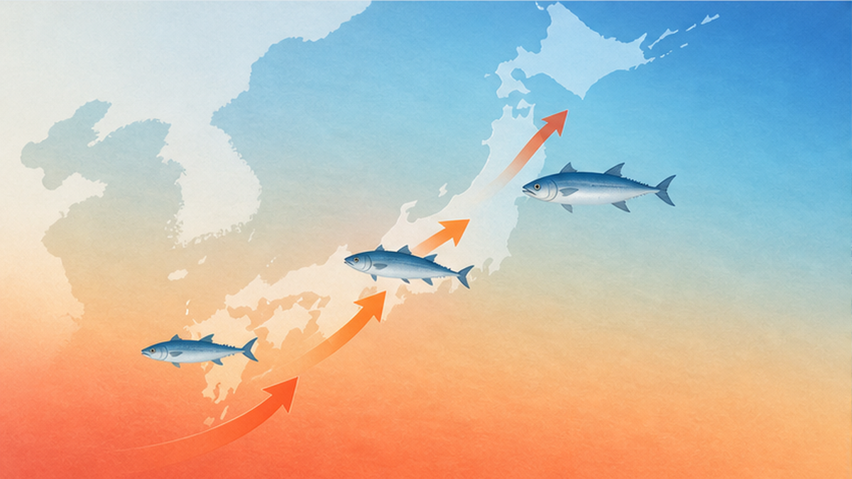 暖水性魚種が日本列島を北上していく様子を示すフラットな地図