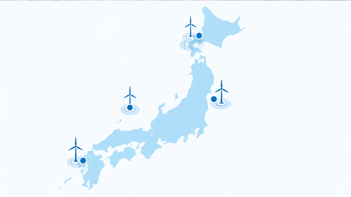 日本地図に秋田・千葉・青森・山形など主要な洋上風力促進区域を示したフラット地図