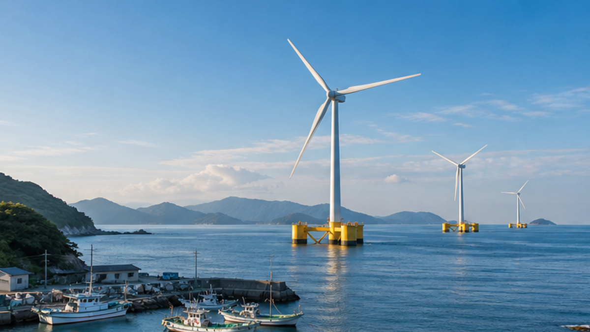 五島市沖に浮かぶスパー型浮体式風車が漁港とともに描かれた写真的イメージ