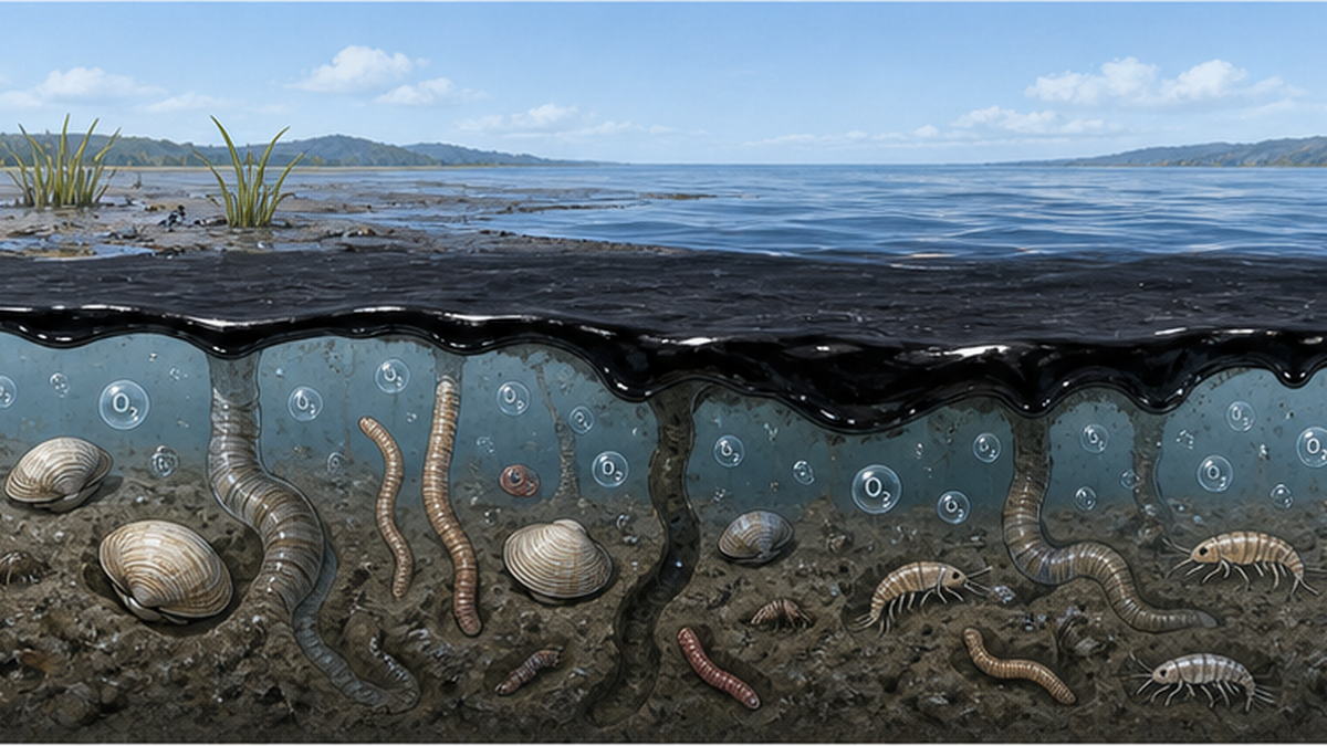 原油が漂着した干潟で泥の中の底生生物が酸欠になる様子を描いた断面図解