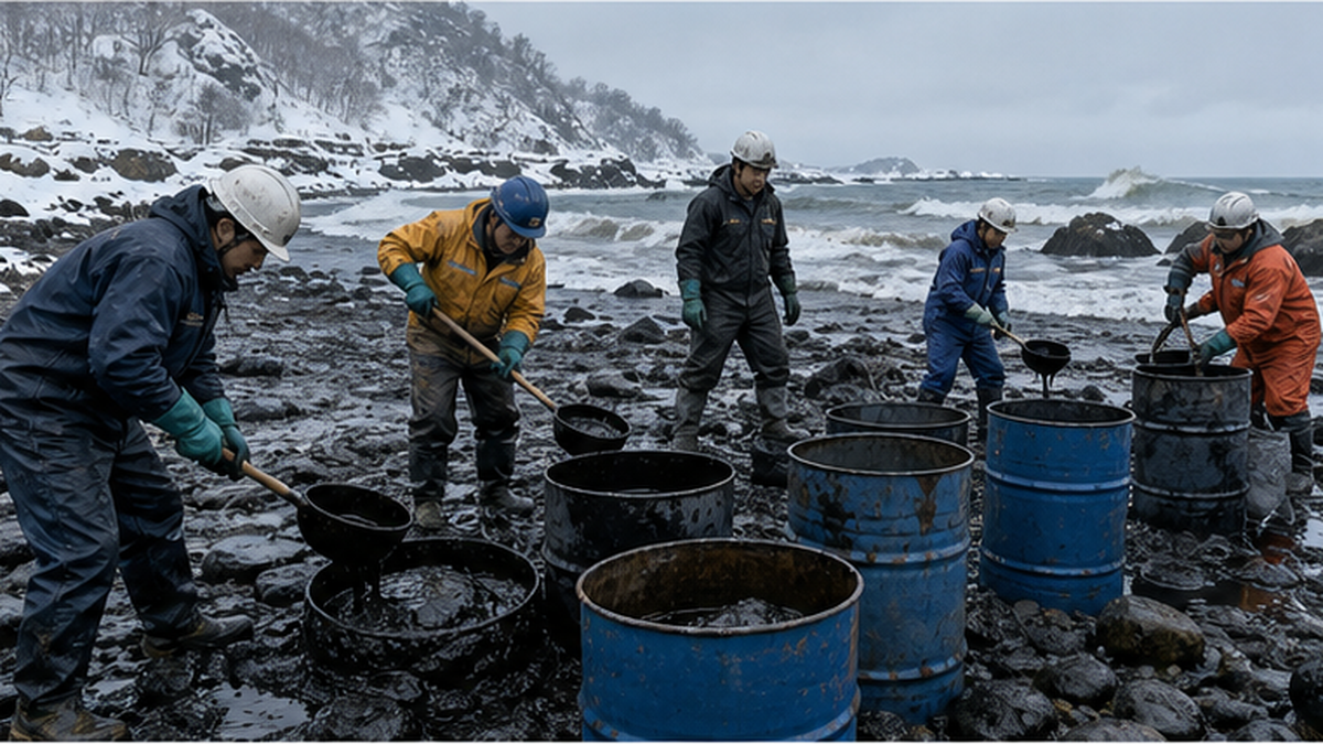 冬の日本海の海岸で人々がひしゃくを使って重油を手作業で回収する様子のイメージ