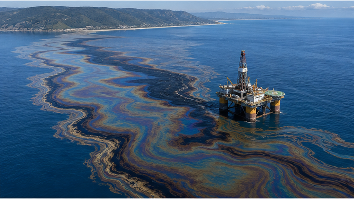 メキシコ湾の海底油田掘削施設からの原油流出が広範囲の海と海岸を汚染する様子のイメージ図