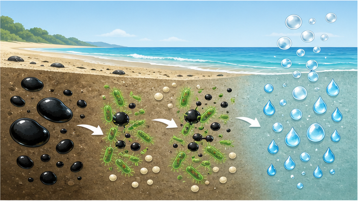 海岸の砂に含まれる油分解微生物が栄養を与えられて原油を二酸化炭素と水に分解する仕組みの図解