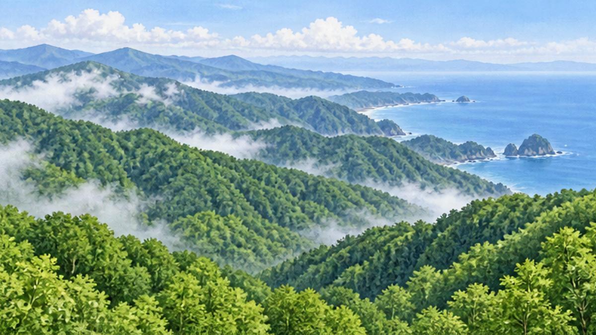 白神山地の山並みとブナ林を上空から見たイメージ