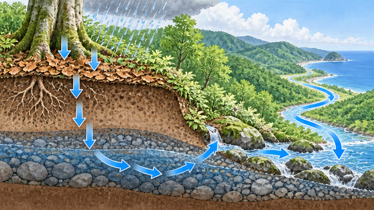 ブナ林の土壌が雨水をためて川へ流す断面図