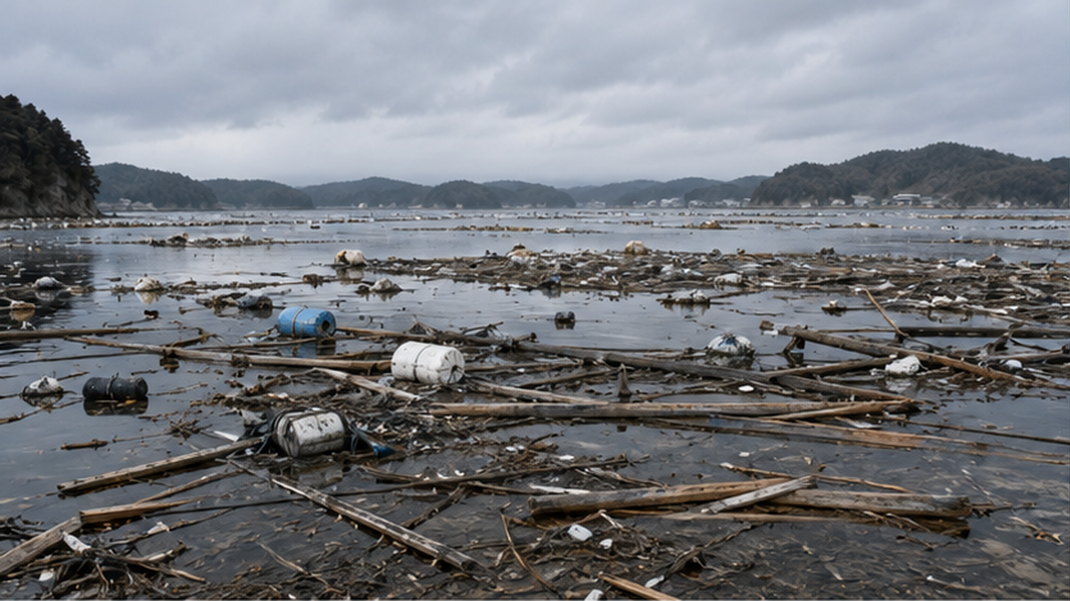 津波で流失した養殖いかだと、がれきが浮かぶ震災直後の三陸の入り江のイメージ図