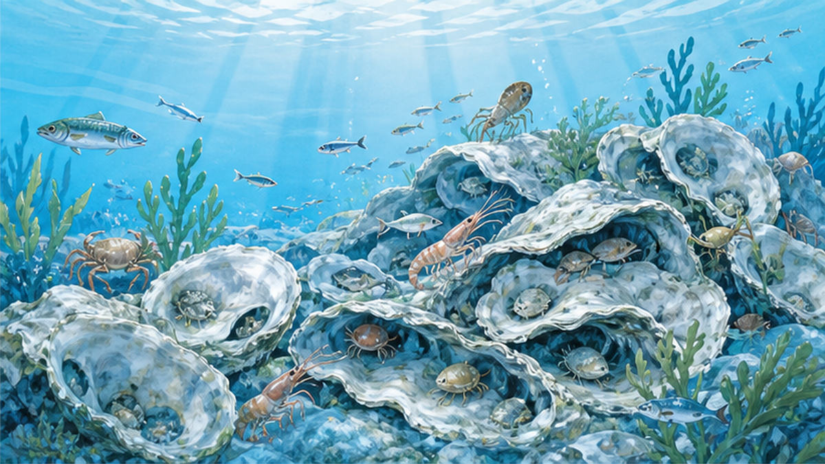 積み重なったカキ殻の間に小魚やエビ、カニが隠れ、生きものが集まる海底の漁礁を描いた図解