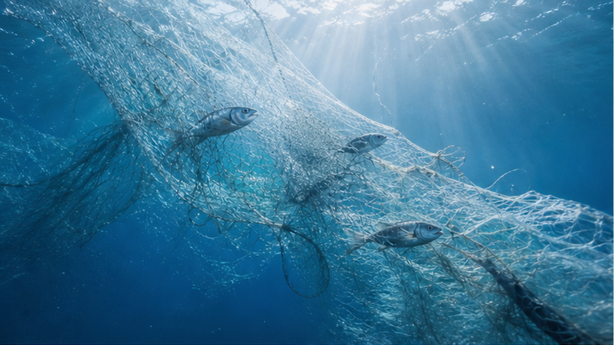 海中を漂う半透明の幽霊漁網に小魚がからまっている様子のイラスト