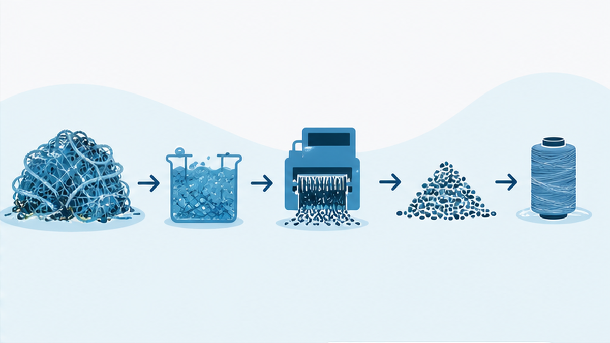 回収された漁網が洗浄・裁断されペレット状の再生プラスチックになるまでの工程を示すフラット図解