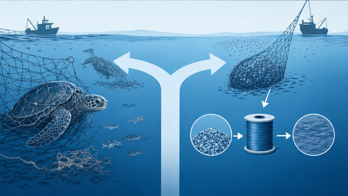 海に流出する前の漁網を回収することで幽霊漁具の発生を防ぐ流れを示した対比イラスト