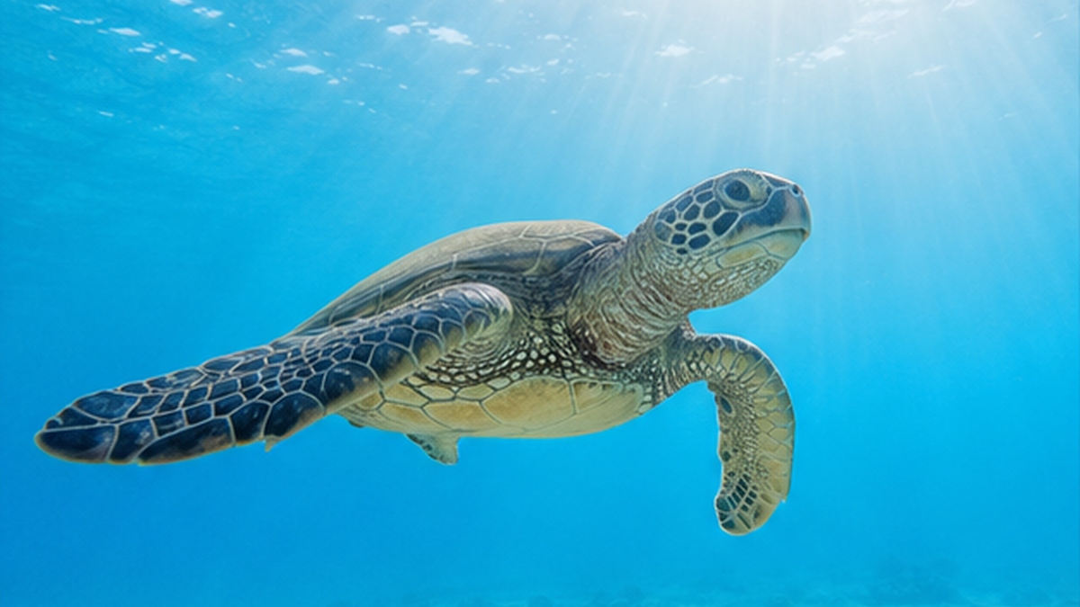 青く澄んだ海と、そこで泳ぐウミガメの穏やかな写真的イメージ