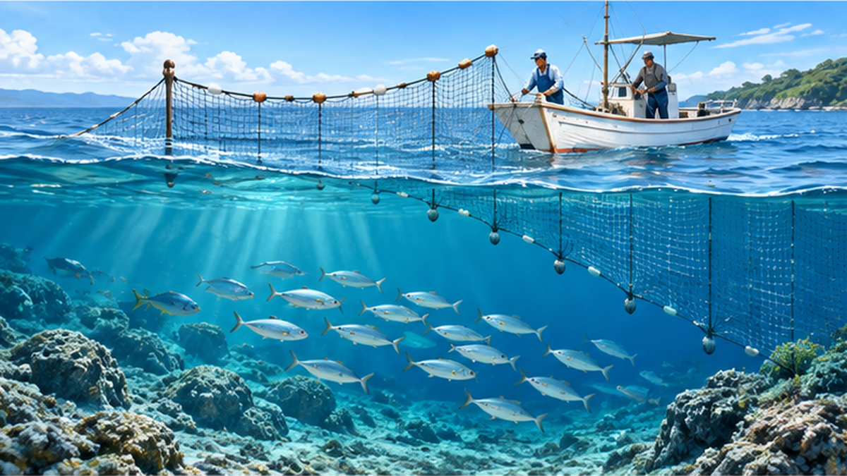 混獲を減らす漁法と海の恵みのイメージ図