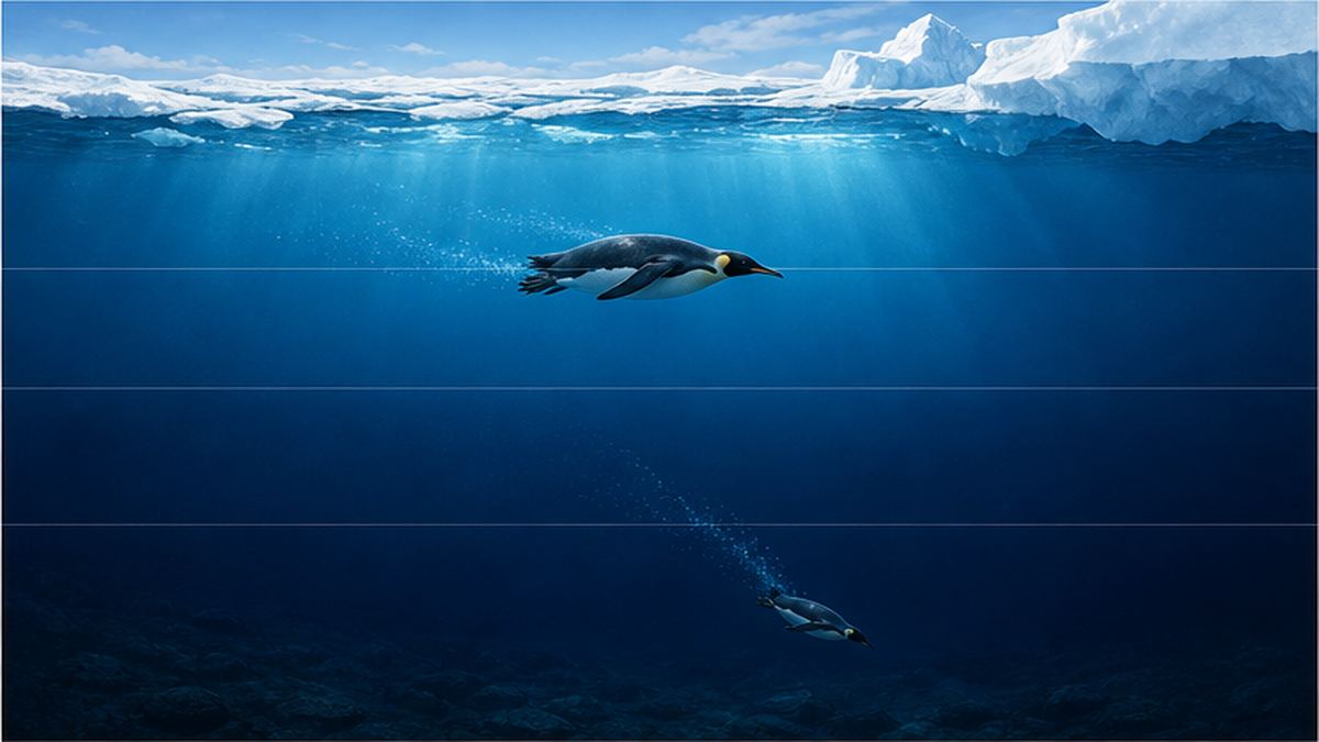 コウテイペンギンの潜水深度を示す模式図。日常の100〜200mと最深564mを比較
