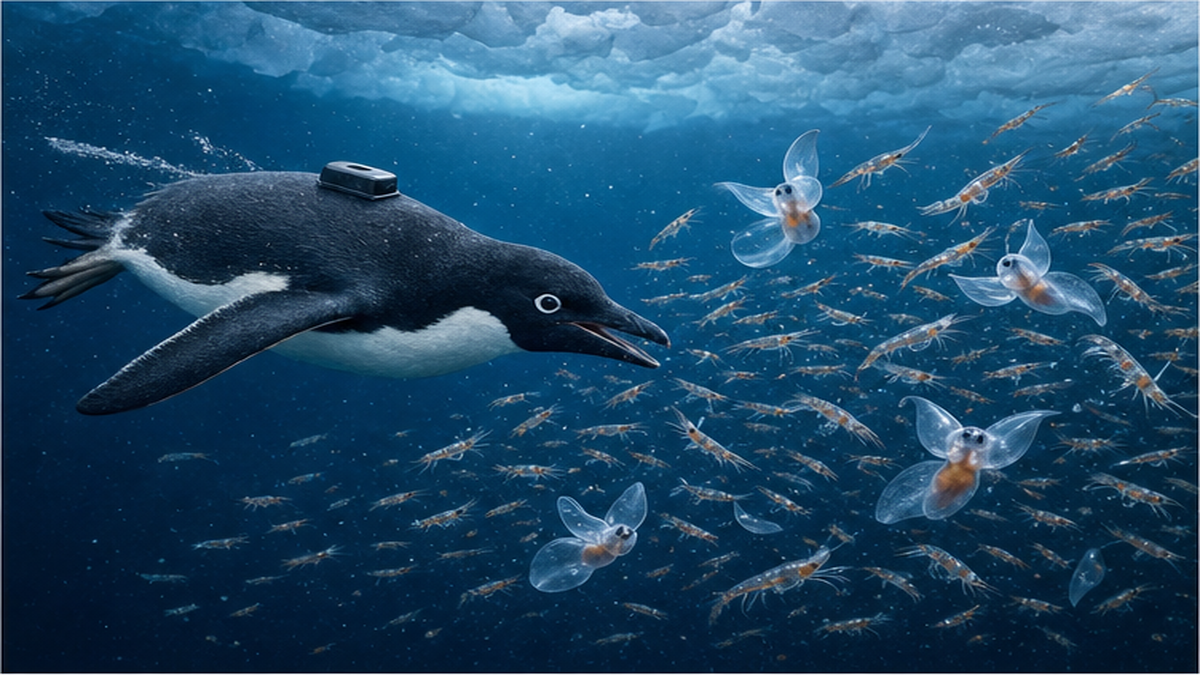 南極の海中でオキアミと翼足類を追うアデリーペンギン