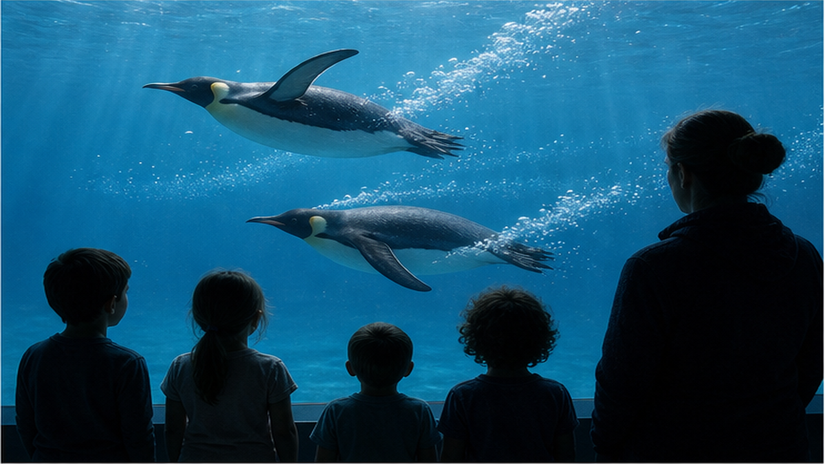 水族館の水槽で泳ぐペンギンを見つめる子どもたち