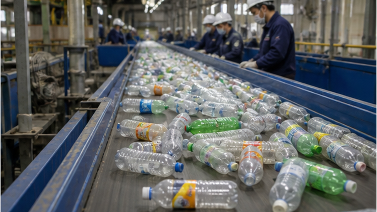 リサイクル工場でベルトコンベアを流れる使用済みペットボトルの選別ライン